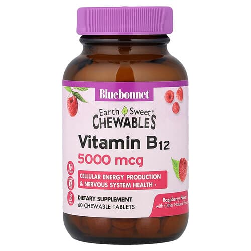 Bluebonnet Nutrition, Earth Sweet® Chewables, Vitamin B12, Raspberry, 5,000 mcg, 60 Chewable Tablets