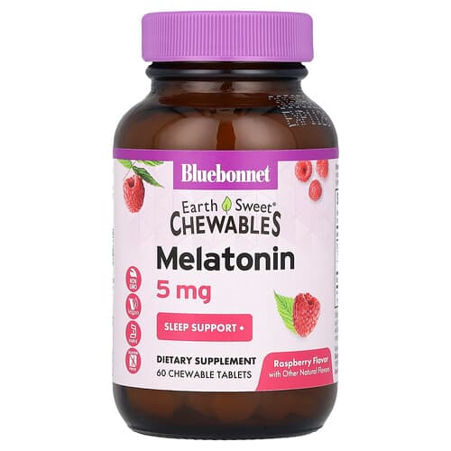 Bluebonnet Nutrition, EarthSweet® Chewables, Melatonin, Raspberry, 5 mg, 60 Chewable Tablets