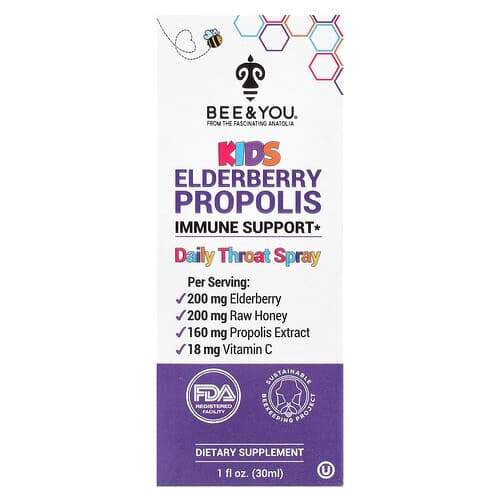 Bee & You, Kids Elderberry Propolis Daily Throat Spray, 1 fl oz (30 ml)