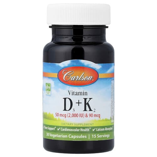 Carlson, Vitamins D3 + K2, 30 Vegetarian Capsules