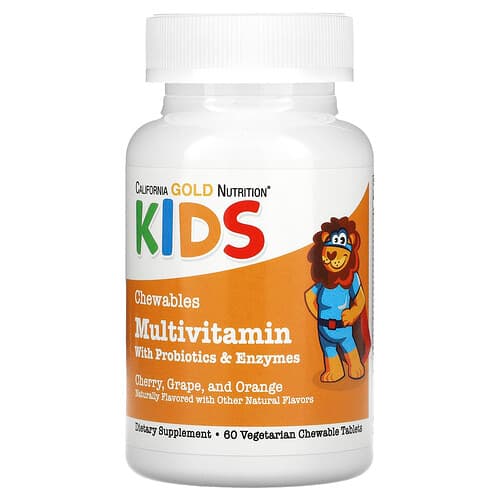 California Gold Nutrition, Chewable Multivitamins with Probiotics, Enzymes, Vitamin A and Vitamin C for Children, Assorted Fruit, 60 Vegetarian