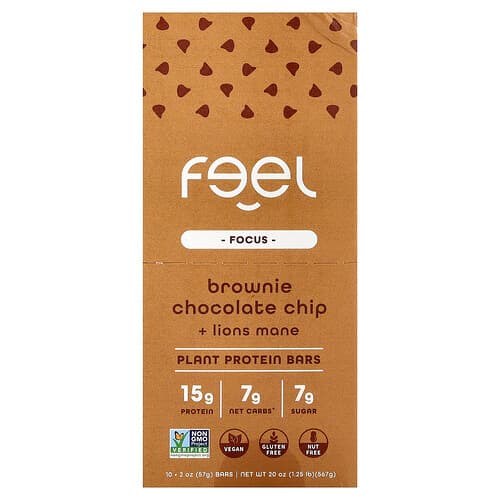 The Feel Bar, Focus, Plant Protein Bars, Brownie Chocolate Chip + Lions Mane, 10 Bars, 2 oz (57 g) Each