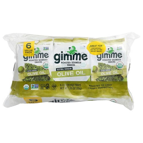 gimMe, Roasted Seaweed Snacks, Extra Virgin Olive Oil, 6 Trays. 0.17 oz (5 g) Each