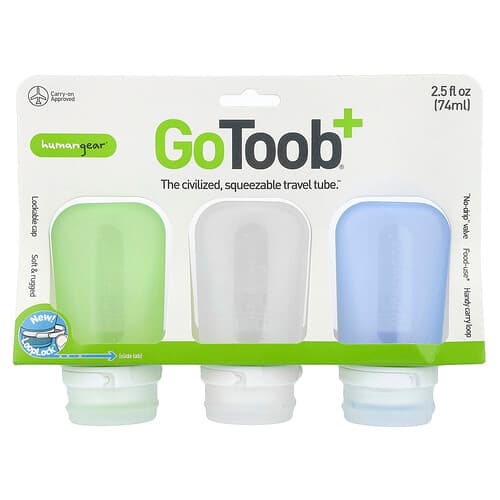 Humangear, GoToob+®, Travel Tube, Medium, Green, Clear & Blue, 3 Pack, 2.5 fl oz (74 ml) Each