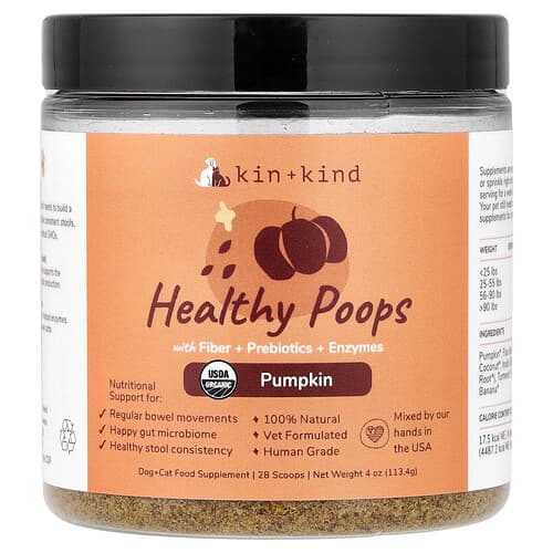 Kin+Kind, Healthy Poops with Fiber + Prebiotics + Enzymes, For Dogs & Cats, Pumpkin, 4 oz (113.4 g)
