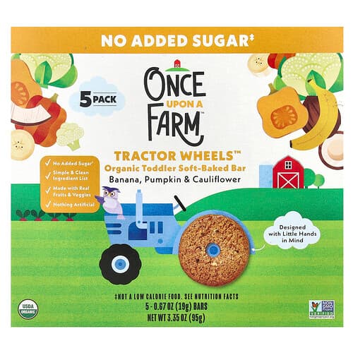 Once Upon A Farm, Tractor Wheels™, Organic Toddler Soft-Baked Bar, Banana, Pumpkin & Cauliflower, 5 Pack, 0.67 oz (19 g) Each