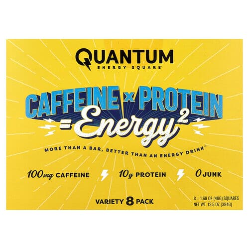 Quantum Energy Square, Caffeine x Protein Snack, Variety Pack, 8 Squares, 1.69 oz (48 g) Each