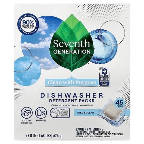Seventh Generation, Dishwasher Detergent Packs, Free & Clear, 45 Packs, 23.8 oz (675 g)