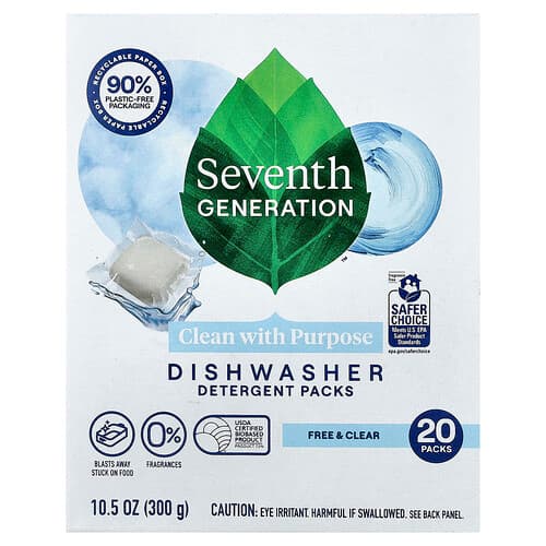 Seventh Generation, Dishwasher Detergent Packs, Free & Clear, 20 Packs, 10.5 oz (300 g)