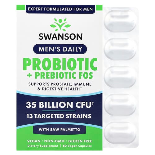 Swanson Vitamins, Men's Daily, Probiotic + Prebiotics FOS With Saw Palmetto, 35 Billion CFU, 60 Vegan Capsules