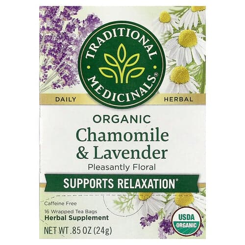 Traditional Medicinals, Organic Chamomile & Lavender, Caffeine Free, 16 Wrapped Tea Bags, 0.85 oz (24 g)