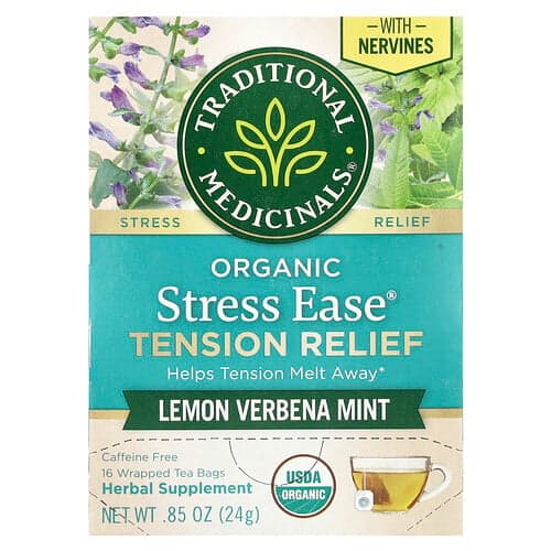 Traditional Medicinals, Organic Stress Ease® Tension Relief, Lemon Verbena Mint, Caffeine Free, 16 Wrapped Tea Bags, 0.85 oz (24 g)
