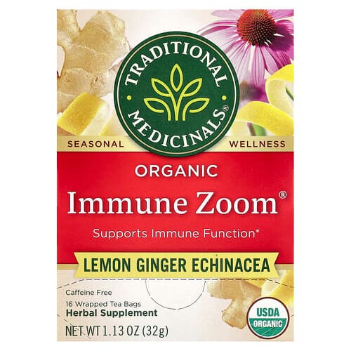 Traditional Medicinals, Organic Immune Zoom®, Lemon Ginger Echinacea, Caffeine Free, 16 Wrapped Tea Bags, 1.13 oz (32 g)