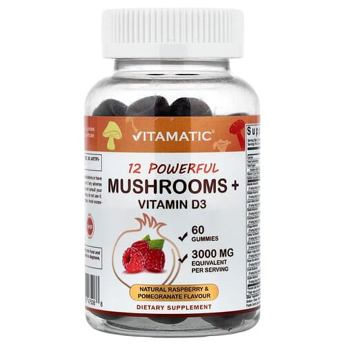 Vitamatic, 12 Powerful Mushrooms + Vitamin D3, Natural Raspberry & Pomegranate, 60 Gummies