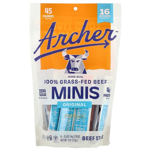 Country Archer Jerky, Grass-Fed Beef Sticks Minis, Original , 16 Sticks, 0.5 oz (14 g) Each