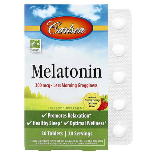 Carlson, Melatonin, Natural Strawberry Lemon, 300 mcg, 30 Tablets