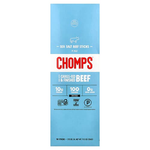 Chomps, Sea Salt Beef Stick, Mild, 10 Sticks, 1.15 oz (32 g) Each