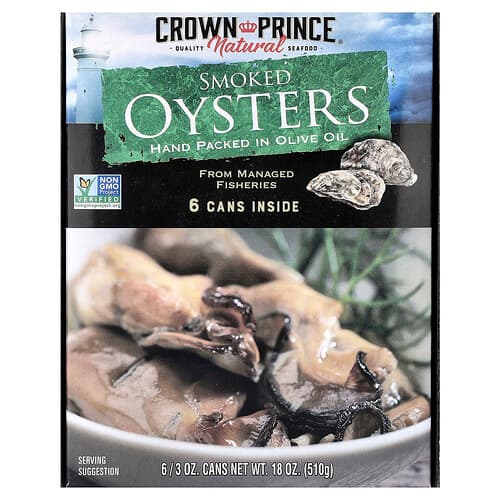 Crown Prince Natural, Smoked Oysters In Olive Oil, 6 Cans, 3 oz (85 g) Each