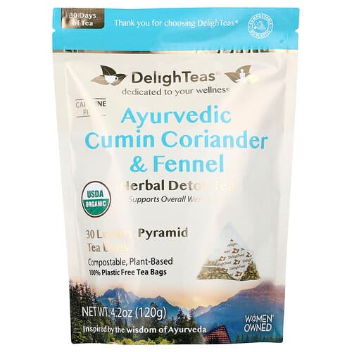 DelighTeas, Ayurvedic Cumin Coriander & Fennel, Herbal Detox Tea, Caffeine Free, 30 Luxury Pyramid Tea Bags, 4.2 oz (120 g)