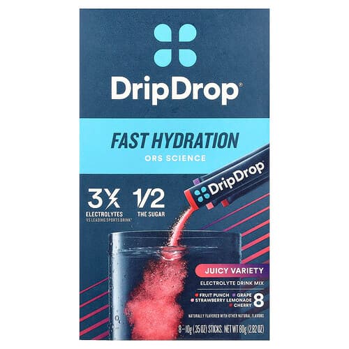 DripDrop, Electrolyte Drink Mix, Juicy Variety, 8 Sticks, 0.35 oz (10 g) Each