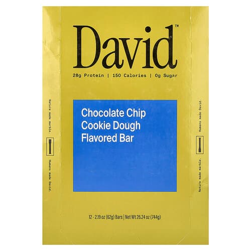 David Protein , Protein Bar, Chocolate Chip Cookie Dough, 12 Bars, 2.19 oz (62 g) Each