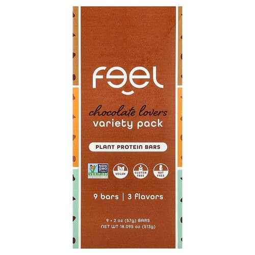 The Feel Bar, Plant Protein Bars, Variety Pack, Chocolate Lovers, 9 Bars, 2 oz (57 g) Each