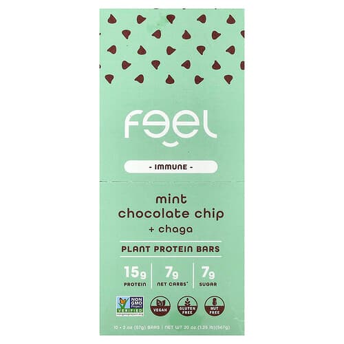 The Feel Bar, Immune, Plant Protein Bars, Mint Chocolate Chip + Chaga, 10 Bars, 2 oz (57 g) Each