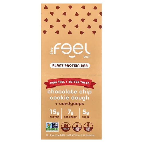 The Feel Bar, Plant Protein Bars, Chocolate Chip Cookie Dough + Cordyceps, 10 Bars, 2 oz (57 g) Each