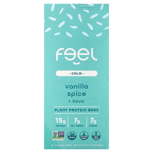 The Feel Bar, Calm, Plant Protein Bars, Vanilla Spice + Kava, 10 Bars, 2 oz (57 g) Each