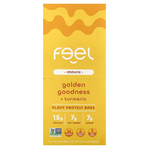 The Feel Bar, Immune, Plant Protein Bars, Golden Goodness + Turmeric, 10 Bars, 2 oz (57 g) Each