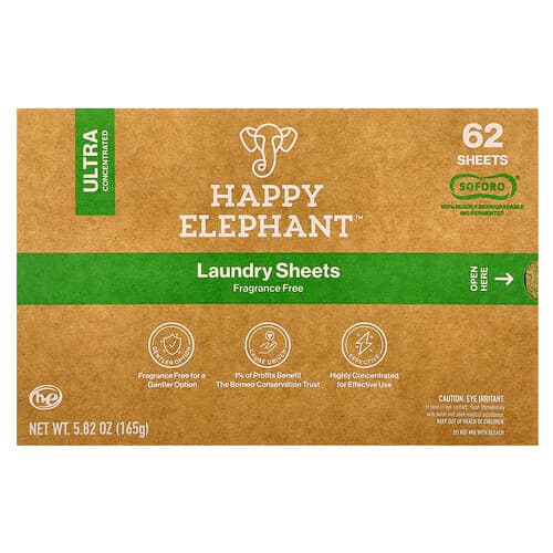 Happy Elephant, Laundry Sheets, Fragrance Free, 62 Sheets, 5.82 oz (165 g)
