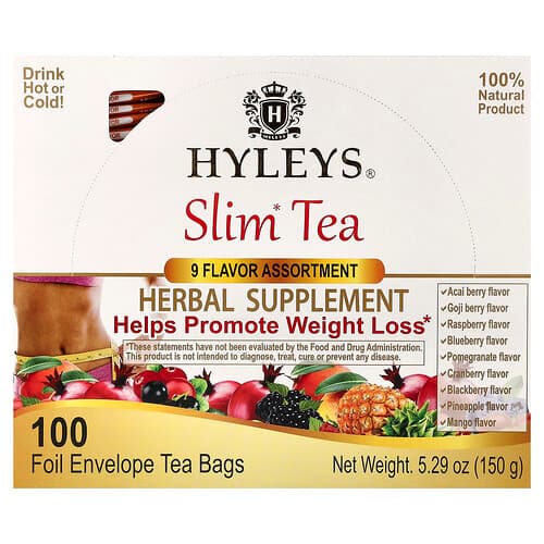 Hyleys Tea, Slim Tea, 9 Flavor Assortment , 100 Foil Envelope Tea Bags, 5.29 oz (150 g)