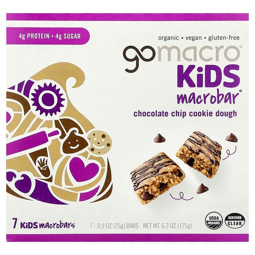 GoMacro, Kids MacroBar®, Chocolate Chip Cookie Dough, 7 Bars, 0.9 oz (25 g) Each