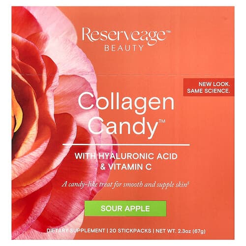 Reserveage Beauty, Collagen Candy™, With Hyaluronic Acid & Vitamin C, Sour Apple, 20 Stickpacks, 0.1 oz (3.35 g) Each