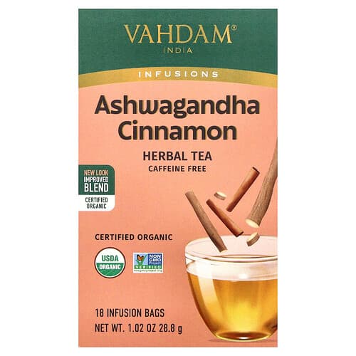 VAHDAM India, Infusions, Herbal Tea, Ashwagandha Cinnamon, Caffeine Free, 18 Infusion Bags, 1.02 oz (28.8 g)