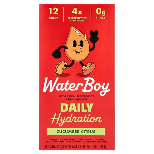 Waterboy, Daily Hydration, Electrolyte Drink Mix, Cucumber Citrus, 12 Stick Packs, 0.11 oz (3.2 g) Each